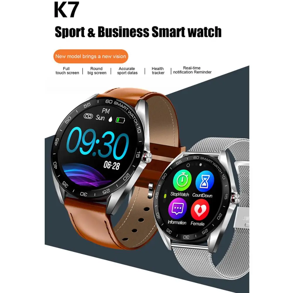 

K7 Smart Watch Men 1.3 inch Full-round Full Touch Screen IP68 Waterproof Heart Rate Blood Pressure Smartwatch for Huawei