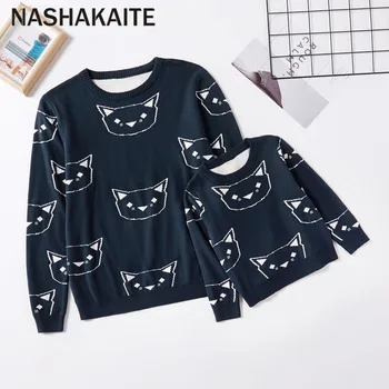 

NASHAKAITE Mother and daughter sweaters O-neck Allover Cat Print Sweaters for Mommy and Me Fall Winter Family Loo Mom Daughter