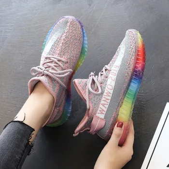 

High Quality Knitted Sports Shoes Female 2019 Autumn New Coconut Shoes Rainbow Jelly Bottom Flying Woven Woman Sneakers