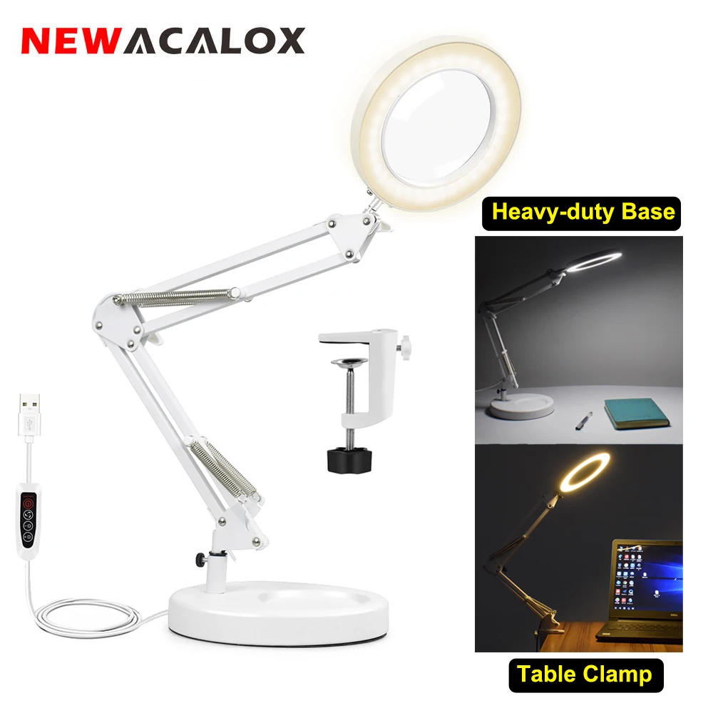 NEWACALOX USB 5X Magnifier with LED Light 8W Reading Lamp Table Clip