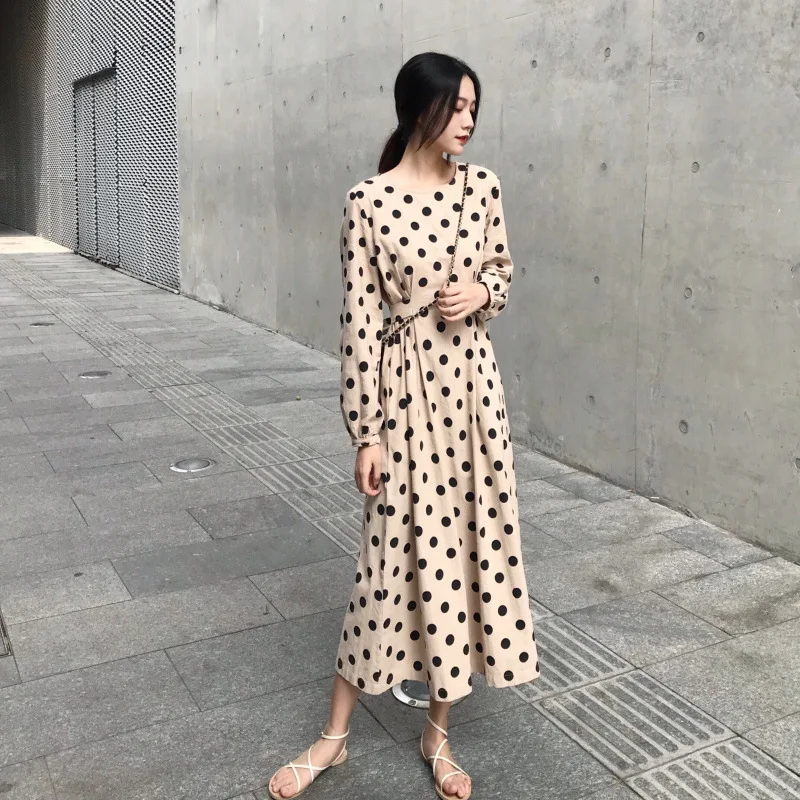

Photo Shoot 2019 Spring New Style WOMEN'S Dress Retro Polka Dot Dress Long Sleeve Mid-length Waist Hugging A- type Slimming Skir
