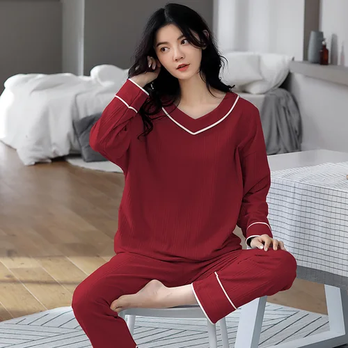 M-5XL 캐주얼 플러스 사이즈 풀코튼 잠옷, 여성 용수철 가을 잠옷 세트, 긴 소매 루즈한 V넥 잠옷 세트 3