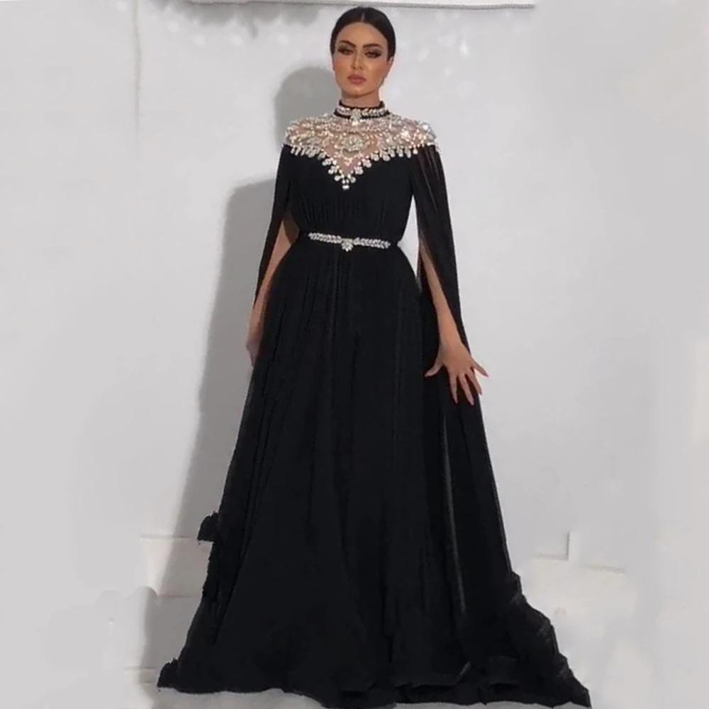 

Eightree Kaftan Evening Dresses Long Sleeves High Neck Dubai Black Prom Dress Chiffon Arabic Crystal Formal Prom Gowns