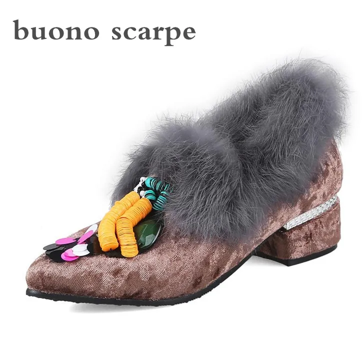 Woman's gold velvet face cartoon decorative pointed head with single heel shoes | Обувь