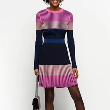 Осенний и зимний женский облегающий цветной свитер с круглым вырезом топ+ трапециевидная плиссированная трикотажная юбка комплект