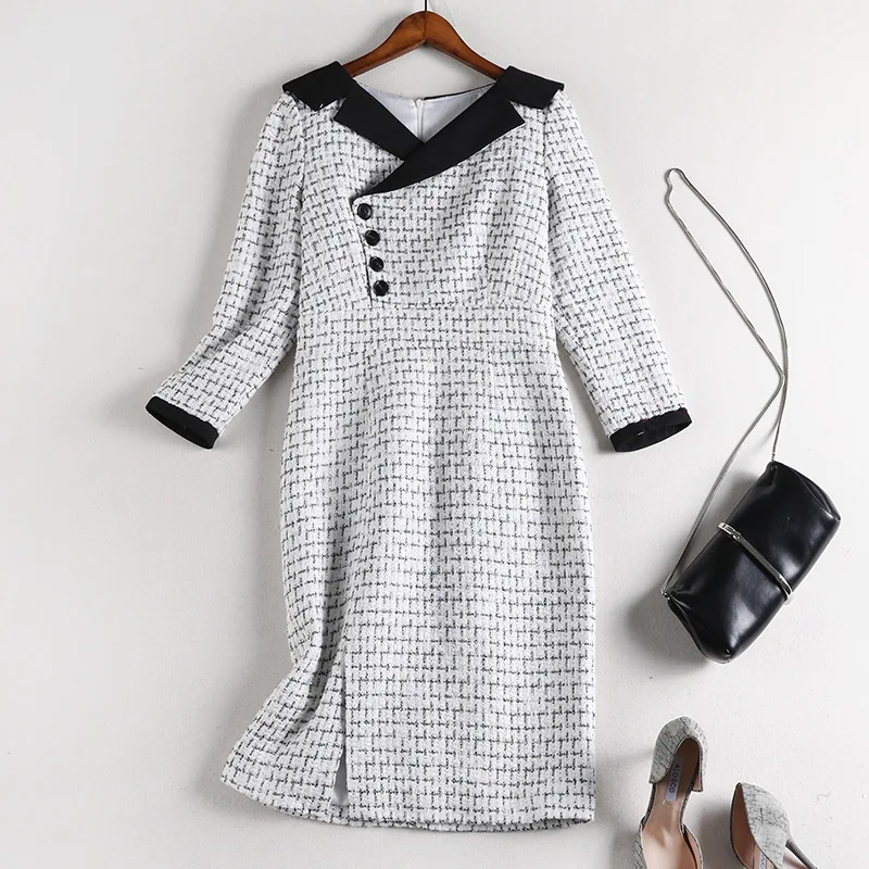 

2019 autumn winter women plaid knitted plus size tweed dresses turn down collar patchwork long sleeve split dress 4XL 5XL y498