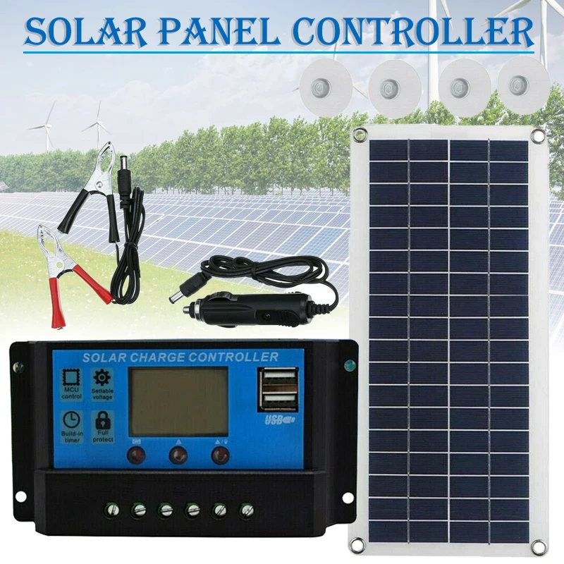 12V 30W Dual USB Flexible Solar Panel Battery Charger Kit Boat Camp+Controller 
