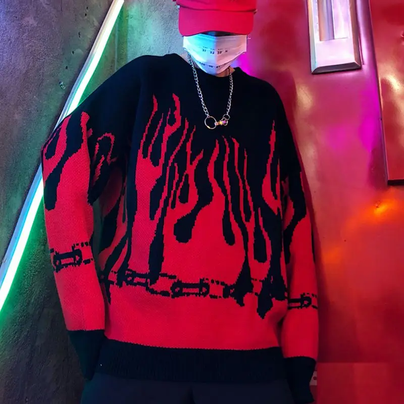 Autumn Winter Harajuku Flame Knitting Bat Sleeve Pullover Sweater Women Outerwear Man Women Outfits Loose Tops Unisex Pullovers