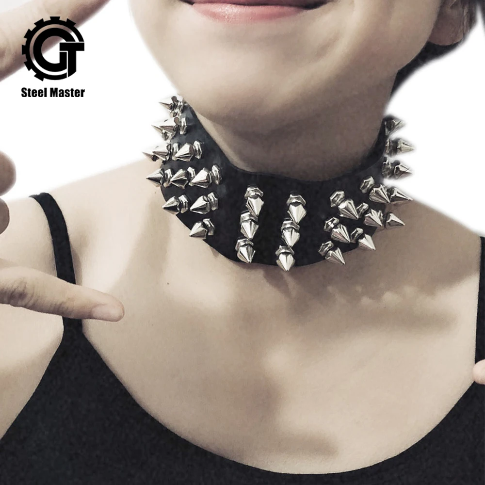 

Gothic Punk Womens Choker Necklace Rivets Black Belts Adjusted Buttons Party Accessory