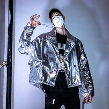 Новая Блестящая серебряная куртка большого размера, мужская кожаная куртка в стиле хип-хоп, Мужская трендовая кожаная куртка для ночного клуба