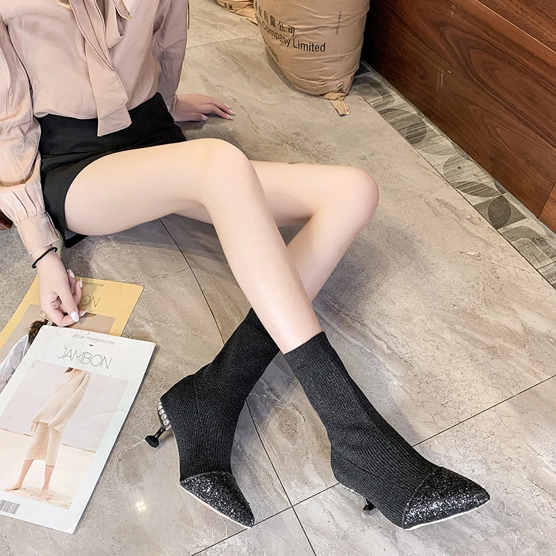 

Ankle Boots For Women Winter Shoes High Heel Boots Plus Velvet Botas Femininas 2019 Slip-on Boots Ladies Pointed Toe Shoes Woman