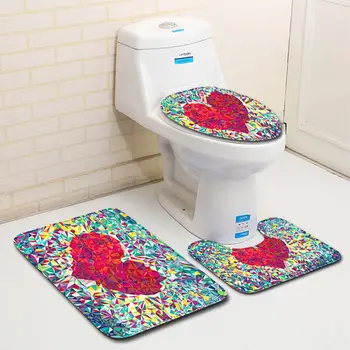 

Bath Mat Shower Curtain Set Bathroom 4Pcs/Set Accessories Love Valentine's Day Non-Slip Home Toilet Pad Cover