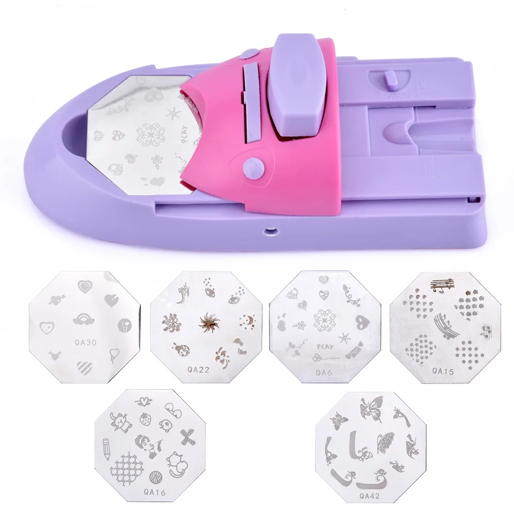 Günstig PinPai Manuelle Nail art Druckmaschine mit 6 stücke Metall Stanzen Platten Maniküre Nagel Farbe Draw Polnischen Nagel Drucker Set werkzeug