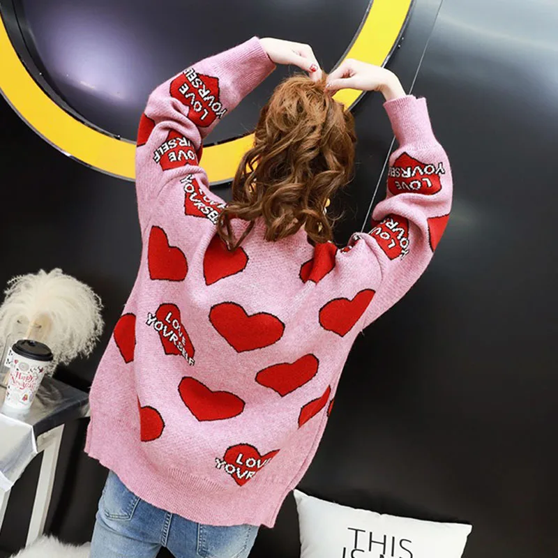Letter Heart Oversized Sweater Women Knitted Winter Jumper Korean Harajuku Elegant Pullovers Casual Clothes Warm Loose V901