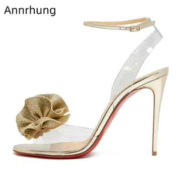 

Transparent PVC Gladiator Sandals Women 10cm Thin High Heel Open Toes Ankle Strap Pleated Big Bowknot Summer Shoes Woman