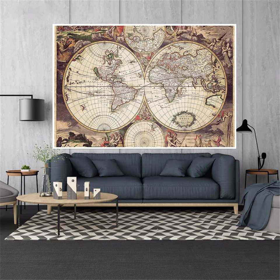 Vintage Map of World Non-woven Canvas Painting Medieval Latin Art Poster Living Room Home Decor School Supplies 150*100cm