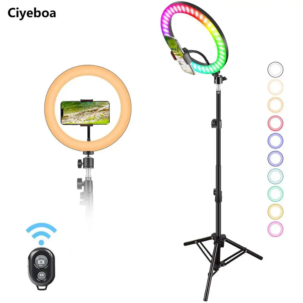 

Ciyeboa Selfie LED Ring Light 10inch RGB Ring Lamp with Tripod Stand and Phone Holder Brightness Level forMakeup,YouTube,Video
