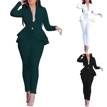 

Women Set Uniform and Bodycon Trousers Pants Ladies Long Sleeve V Neck Ruffles Sexy Suit Clothes Work ropa de mujer 2 Piece D30