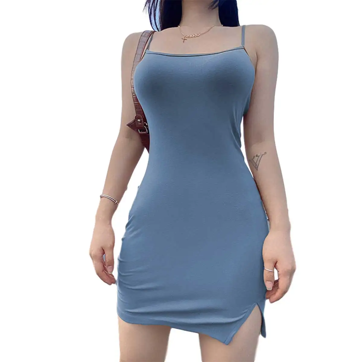 

Women Sleeveless Split Dress Summer Fashion Backless Spaghetti Strap Solid Color Casual Mini Dress