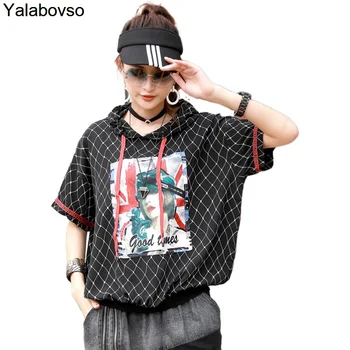

Loose Tops Half Sleeves Pullovers 2020 Summer Women's Character Patch Printed Plaid Shirt Hoodies Women Tees