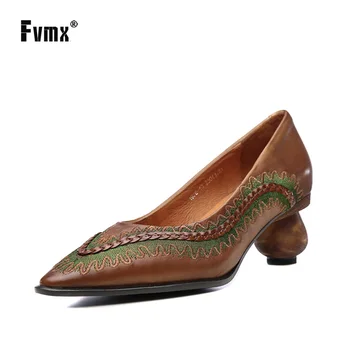 

FVMX 2020 New Retro Hand-embroidered Soft-faced Cowhide High Heels Shoes Ethnic Style Pointed Spring and Summer New Women Pumps