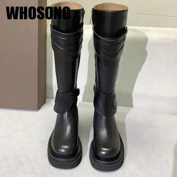 

Women Boots Girls Knee High Botas Woman Shoes Ladies Round Toe Shoes Female Brand Motorcycle Boots Fashion Shoes Two Style New