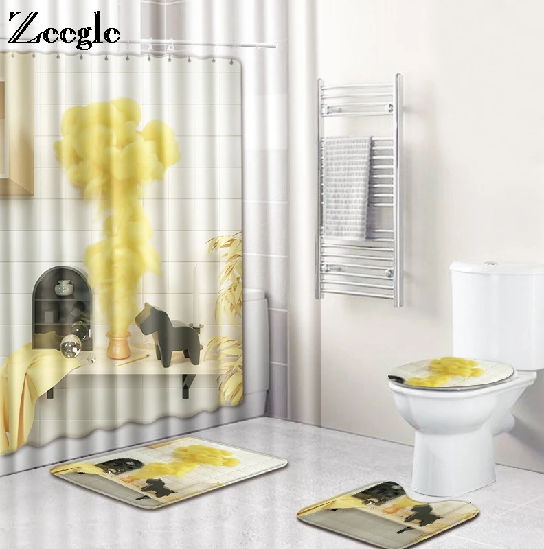 Zeegle 4pcs Bath Mat Set Anti Slip Bathroom Doormat Shower Mat Absorbent Toilet Pedestal Foot Mat Washable Flannel Toilet Set