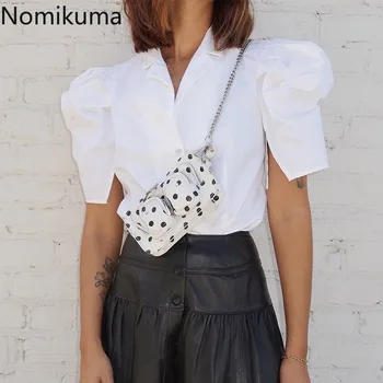 

Nomikuma White Blouse Women Single Breasted Short Puff Sleeve Shirts Female Fashion OL Tops Office Ladies Blusas Mujer 3a153