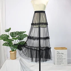 women pleated mesh sheer mesh lace tutu long maxi skirt ladies perspective transparent see through black white long skirt