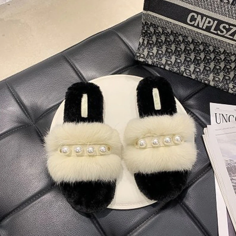 

Furry Women Flat Slippers Faux Fur Shoes for Ladies 2021 Luxury Indoor Slides Rhinestone Crystal Butterfly Warm Indoor Home