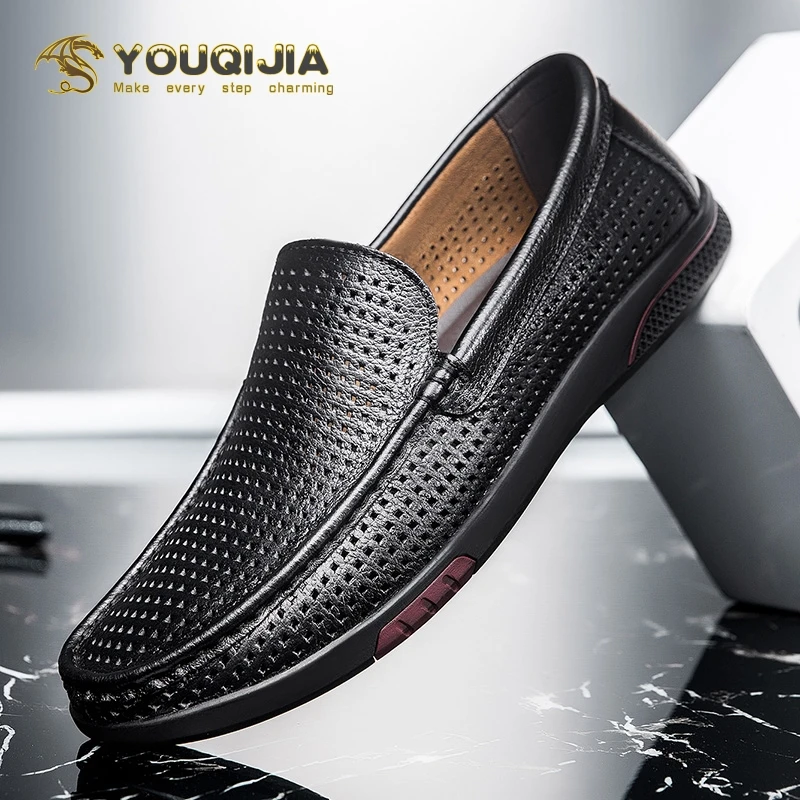 

YOUQIJIA Summer Casual Hollow Out Leather Shoes Men Breathable Holes Luxurious Brand Flat Shoes For Men Drop Shipping Fashion