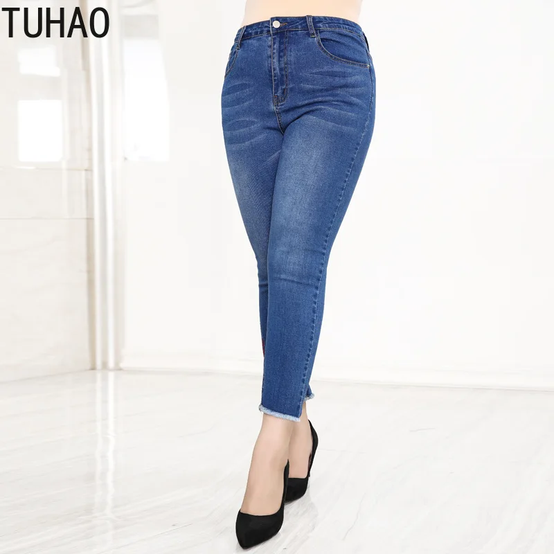 

TUHAO Women spring Autumn Elastic Plus Size 10XL 9XL 8XL 7XL Loose Denim Casual Jean Stretch HIGH Waist Female office Jeans WM13