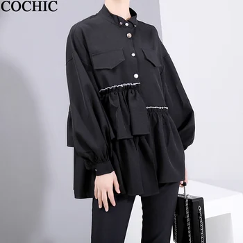 

Stand collar autumn women loose Shirts lace splice puff long sleeve temperament fashion faux pocket Black shirt