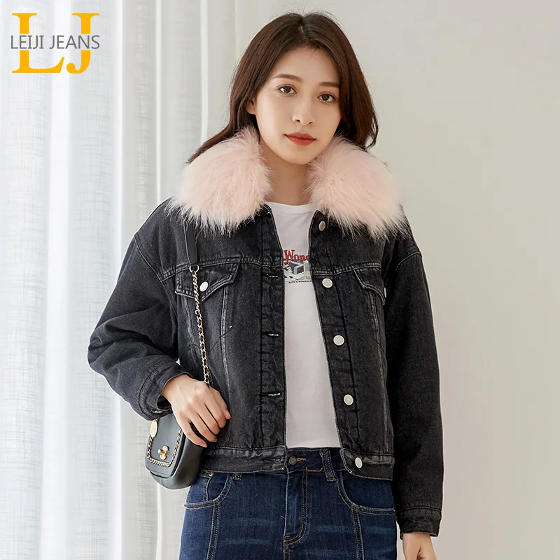 LEIJIJEANS winter warm jacket ladies autumn detachable big fur collar girl coat denim basic large |