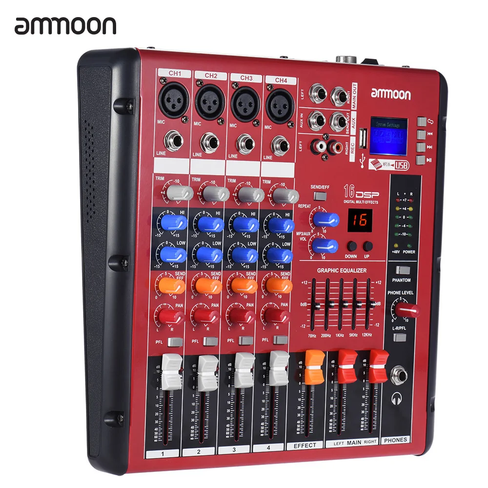 

ammoon Digital 4-Channel Mic Line Audio Mixer Mixing Console 2-band EQ with 48V Phantom Power USB Interface for Recording