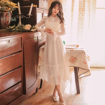 

YOSIMI 2020 Summer White Lace Long Women Dress Maxi Vintage Tunic Long Sleeve Band Dress Mid-calf Evening Party Female Vestidos