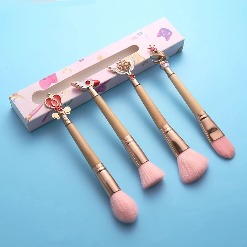 4 шт./компл. бамбуковой ручкой кисти для макияжа инструмент Сейлор Мун/Cardcaptor Sakura Металлическая насадка для зубных щеток, розовый, светло-розовый волосы кисти для макияжа