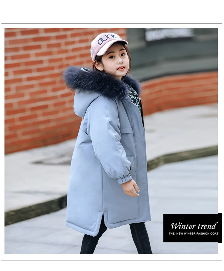 Olekid-30 градусов зимняя куртка из утиного пуха, куртка для девочек, с капюшоном, меховой воротник длинный теплый Зимнее пальто для девочек От 5 до 14 лет для тинэйджера - Цвет: Синий