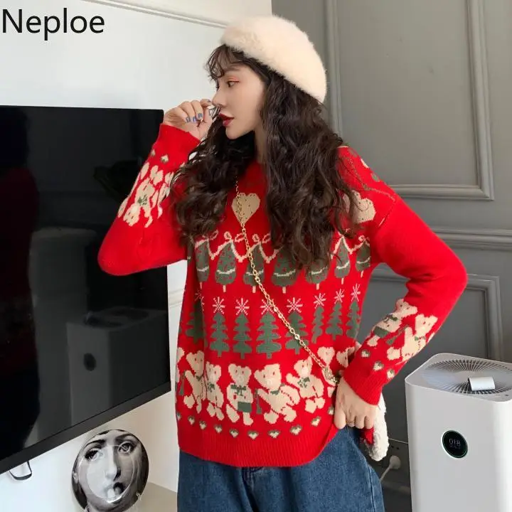 Женский зимний Рождественский свитер Neploe с принтом медведя Harajuku, женские пуловеры с круглым вырезом и длинным рукавом, модные тонкие женские топы 80327