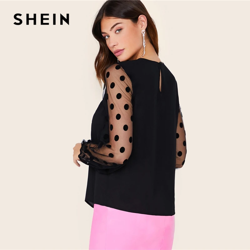 SHEIN черный Добби сетки плеча Бюстье Блузка Топ из органди для женщин Весна Осень Бишоп рукав Твердые Замочная скважина сзади сексуальные блузки