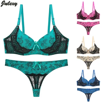 

Julexy Hot sale New 2020 B C Cup Sexy thongs Women Bra Set Lace Push Up Underwear Set Printed bra panty set Women Brassiere