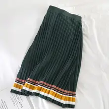 Осень-зима, Женская юбка, полосатая, повседневная, новинка, Ретро стиль, пэчворк, свободная, простая, а-силуэт, высокая талия, вязанные, плиссированные юбки