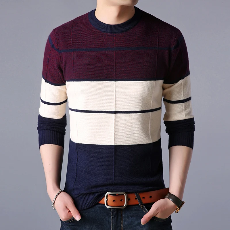 Осенний зимний полосатый свитер, мужской свитер с круглым вырезом и длинным рукавом, толстые теплые вязаные свитера