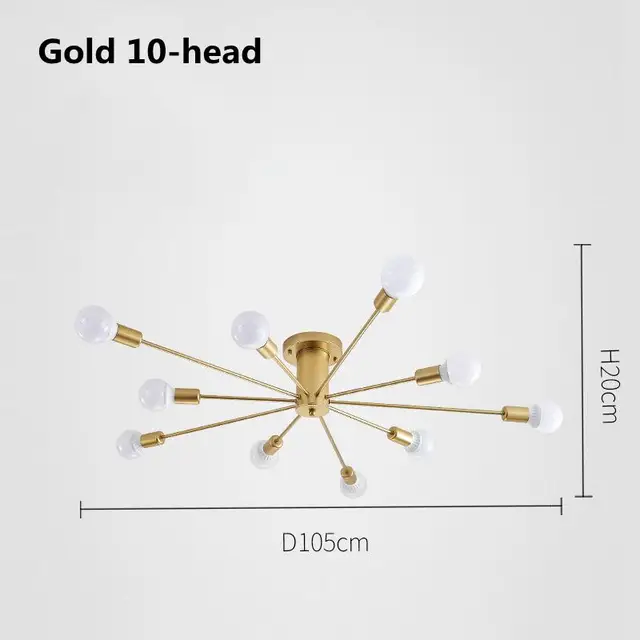 Modern Chandelier Lighting Nordic Spider 6/8/10 E27 Lights Fixture Vintage Industrial Led Ceiling Lamp for Living Room Bedroom Golden-10 heads