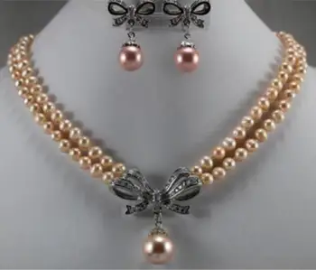 

Free shipping Wholesale price +Fresh and elegant 2 Row 7-8mm Pearl Necklace Flower Pendant Earrings Jewelry Set