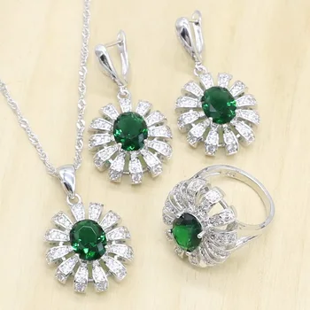 

Flower Green Crystal Silver Color Wedding Jewelry Sets for Women Earrings Rings Necklace Pendant Birthday Gift Box