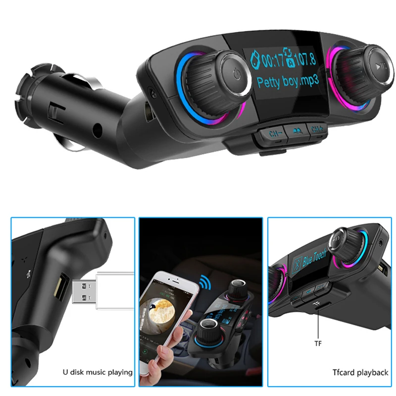 Car MP3 Player Modulator Bluetooth FM Transmitter LED Dual USB Mobile Phone Handsfree Display Charger Wireless Music Audio - Color Name: Black