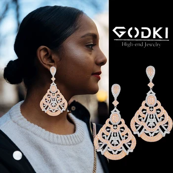 

GODKI Super Luxury Hollow Flower African Dangle Earring For Women Wedding Cubic Zirconia DUBAI Bridal Earring Party Jewelry 2020