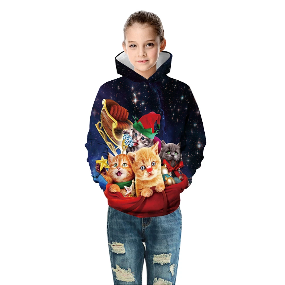 Рождественские детские толстовки с капюшоном, детские свитера с 3D-принтом Санта-кошки, топы для детей, пуловер для подростков, свитер с капюшоном для мальчиков и девочек 5-14 лет