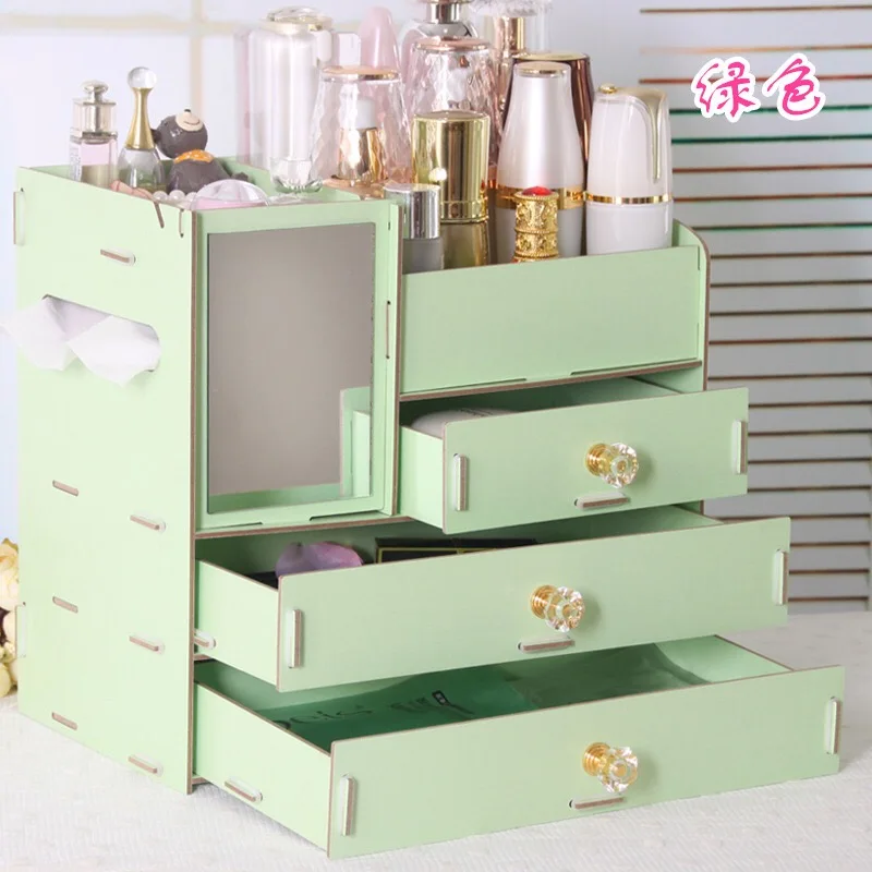 Органайзер для макияжа ящики деревянные коробка для хранения косметики ювелирный туалетный столик для ухода за кожей контейнер пластиковый зеркальный Органайзер - Цвет: Green
